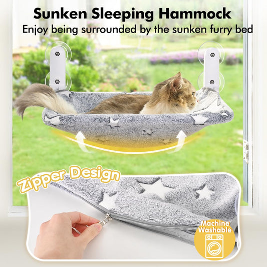 Cordless Cat Window Perch Hammock with Metal Frame & Washable Cover