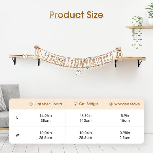 Wall Mounted Cat Rope Bridge with Bed, Perches & Sisal Scratch Mat