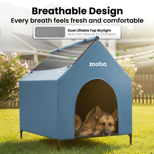 Weatherproof Elevated Dog House with Mesh Panels & Steel Frame