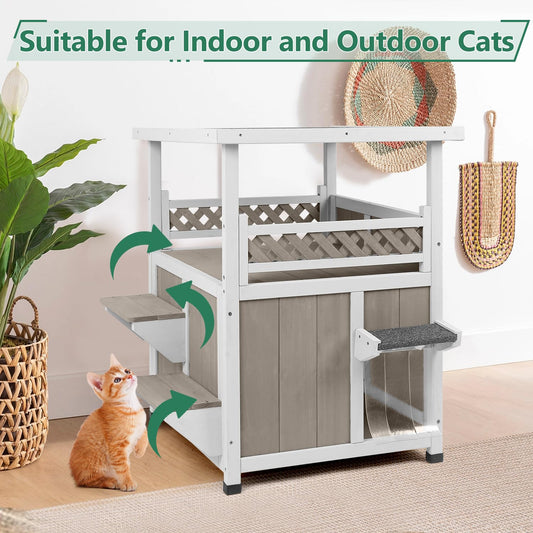 2-Story Outdoor Cat House with Balcony, Platforms & Openable Roof