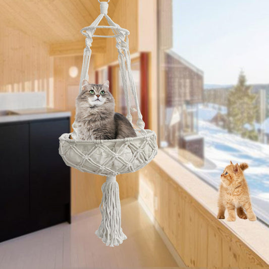 Handwoven Macrame Cat Hammock Bed with Cushion for Indoor Cats