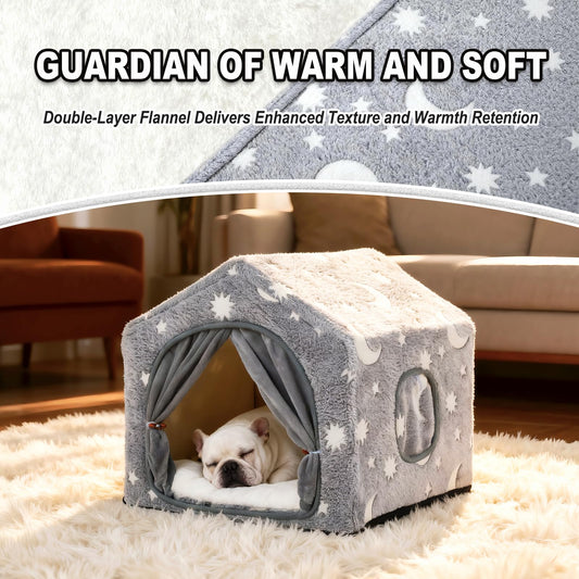 Pelemee Indoor Dog House, Night-Luminous Star Dog Bed with Frame, Dog Cave Tent