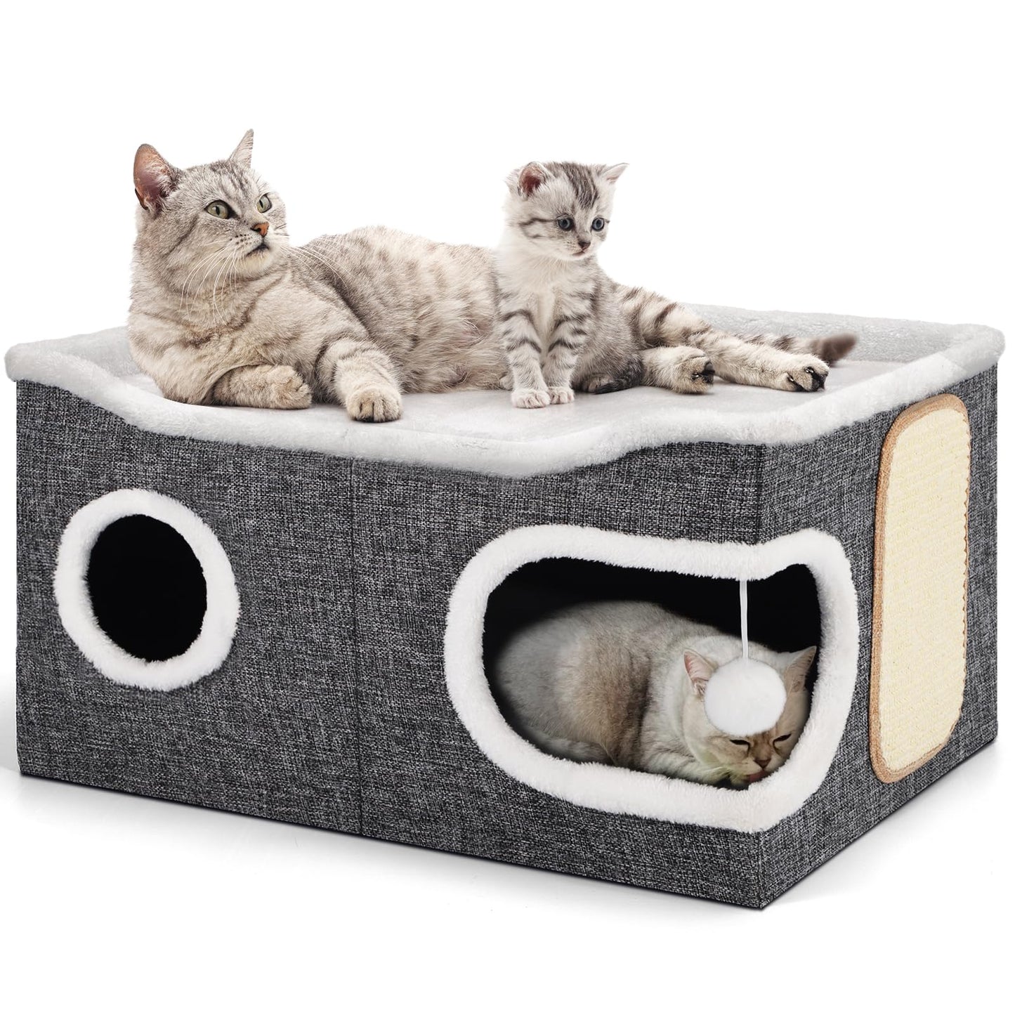 Large Cat Cave Bed with Round Window, Cushion & Cozy Hideaway Condo