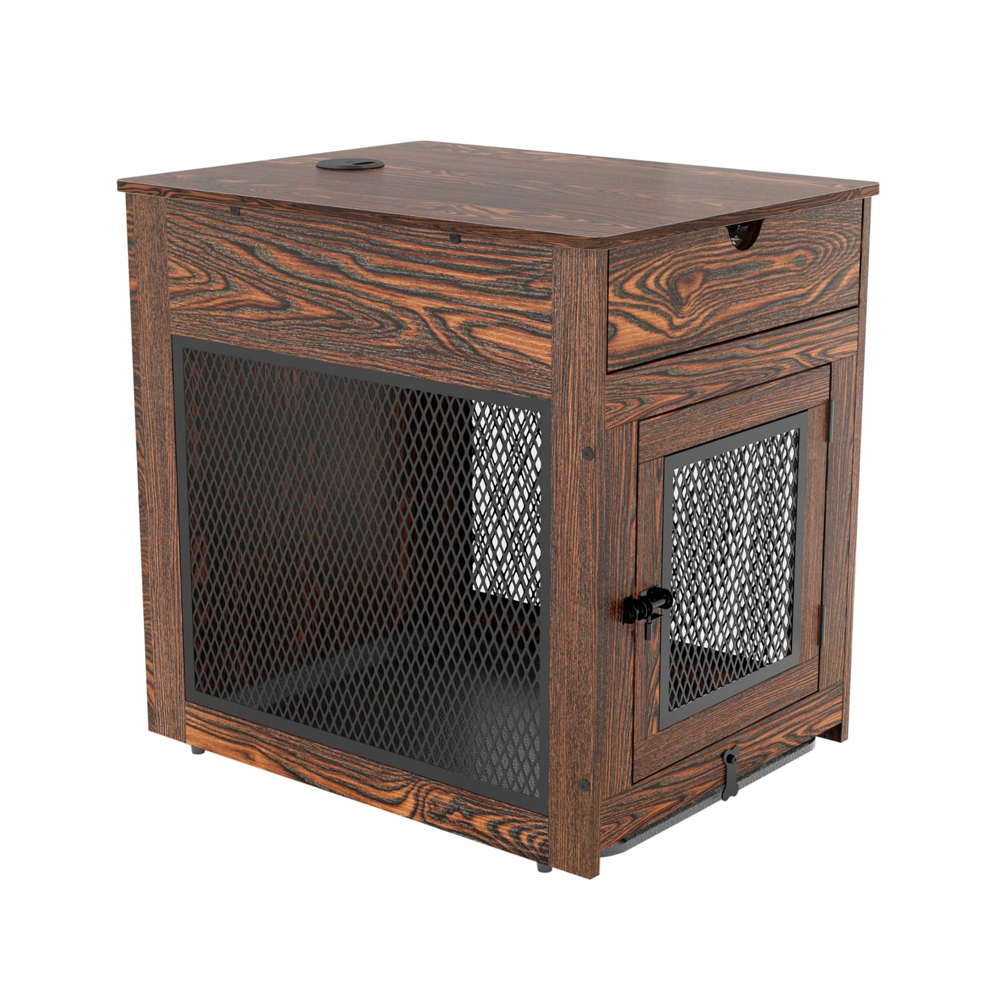 Wooden Dog Crate End Table with Drawer, Cushion & USB Charging