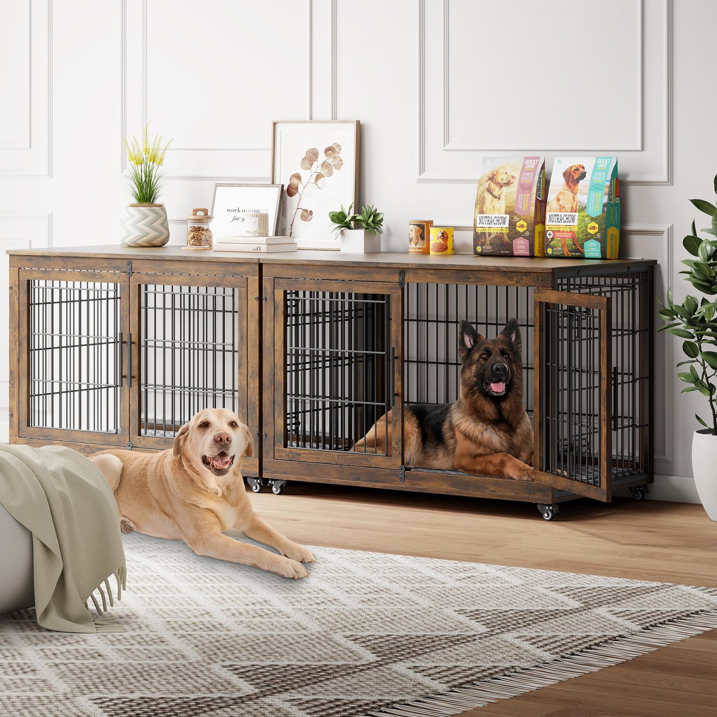 Wooden Dog Crate Furniture with Cushion, Wheels & Double Doors