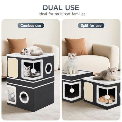 Large Cat Cave Bed with Round Window, Cushion & Cozy Hideaway Condo