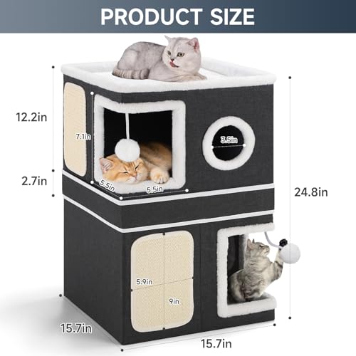 Large Cat Cave Bed with Round Window, Cushion & Cozy Hideaway Condo