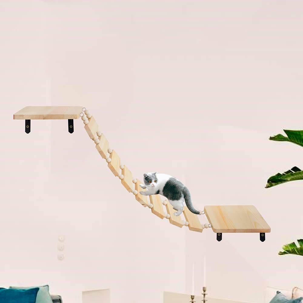Handcrafted Wooden Cat Climber Tree with Wall Mount Perch, Bridge & Ladder