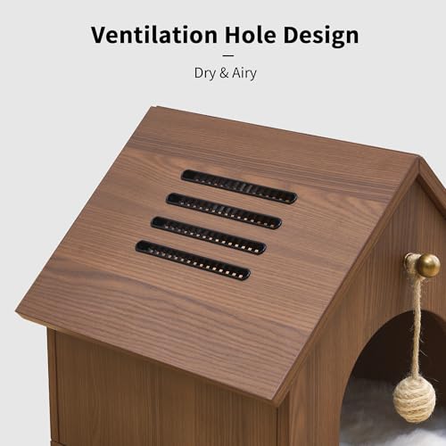 Modern Wooden Cat House with Plush Cushion & Hanging Toy Hideaway