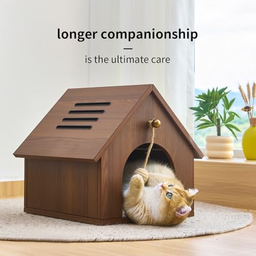 Modern Wooden Cat House with Plush Cushion & Hanging Toy Hideaway