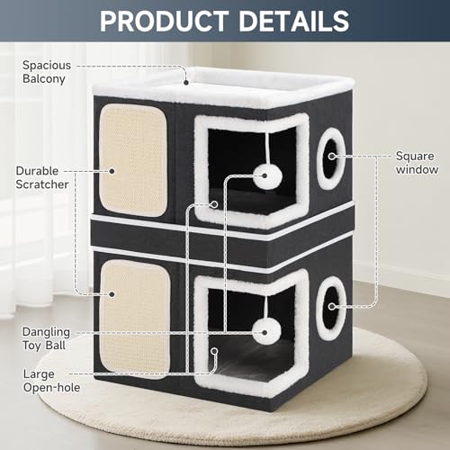 Large Cat Cave Bed with Round Window, Cushion & Cozy Hideaway Condo