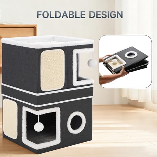 Large Cat Cave Bed with Round Window, Cushion & Cozy Hideaway Condo