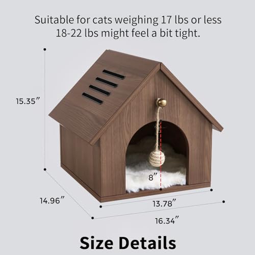 Modern Wooden Cat House with Plush Cushion & Hanging Toy Hideaway