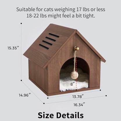 Modern Wooden Cat House with Plush Cushion & Hanging Toy Hideaway