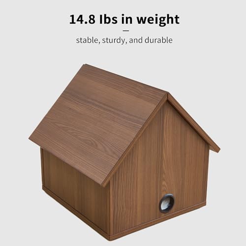 Modern Wooden Cat House with Plush Cushion & Hanging Toy Hideaway