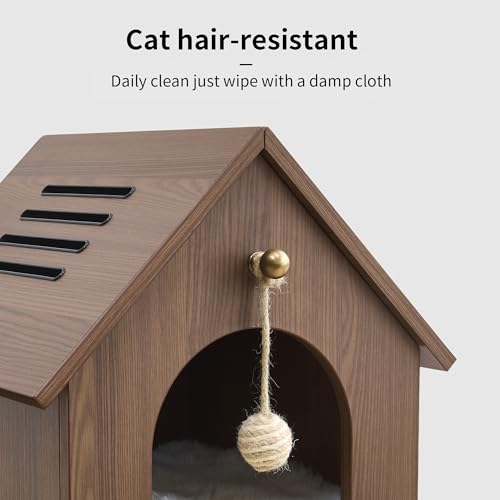 Modern Wooden Cat House with Plush Cushion & Hanging Toy Hideaway