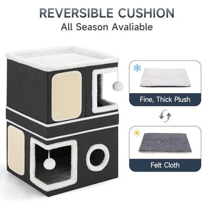 Large Cat Cave Bed with Round Window, Cushion & Cozy Hideaway Condo