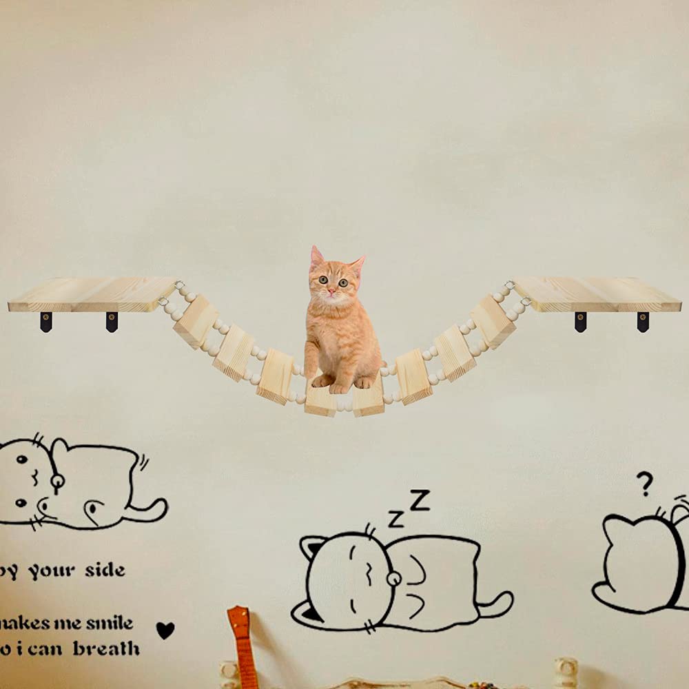 Handcrafted Wooden Cat Climber Tree with Wall Mount Perch, Bridge & Ladder