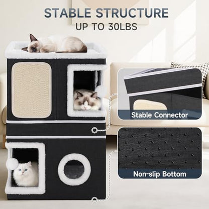 Large Cat Cave Bed with Round Window, Cushion & Cozy Hideaway Condo