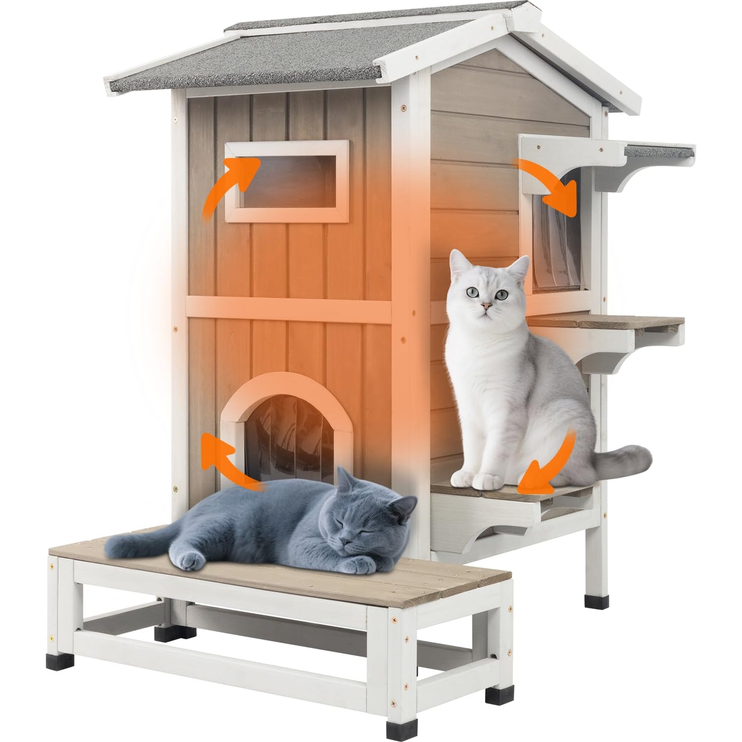 2-Story Outdoor Cat House with Balcony, Platforms & Openable Roof