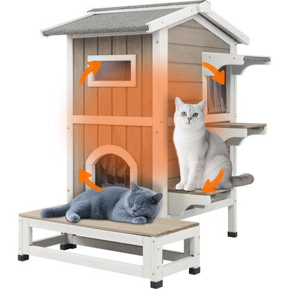 2-Story Outdoor Cat House with Balcony, Platforms & Openable Roof