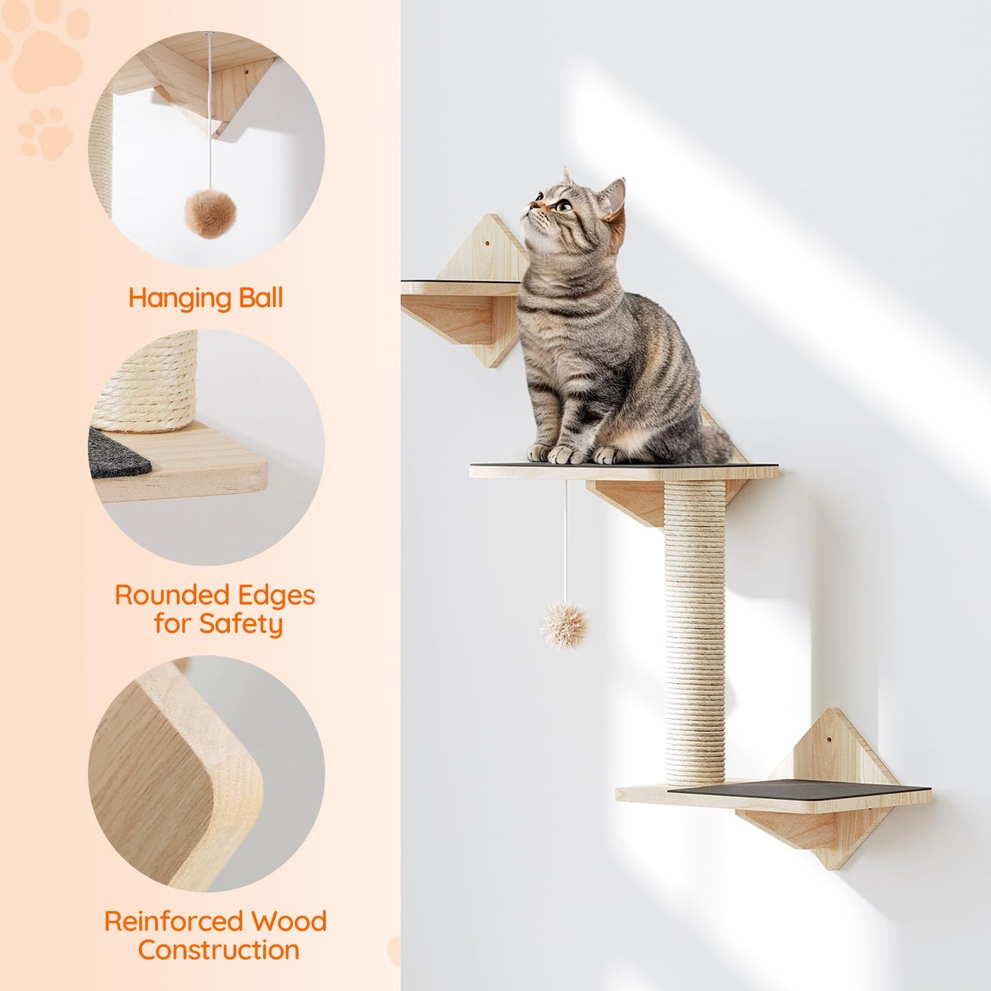 Wood Cat Wall Shelves Set with House, Steps, Perch & Scratching Post