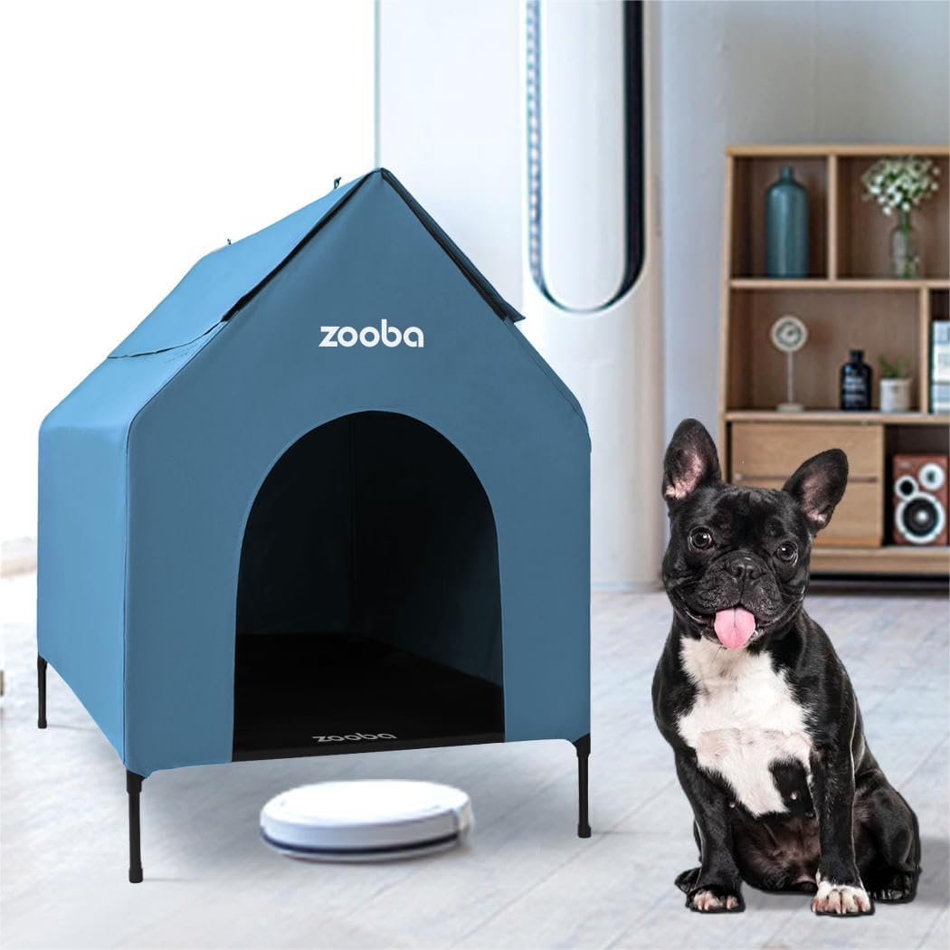 Weatherproof Elevated Dog House with Mesh Panels & Steel Frame