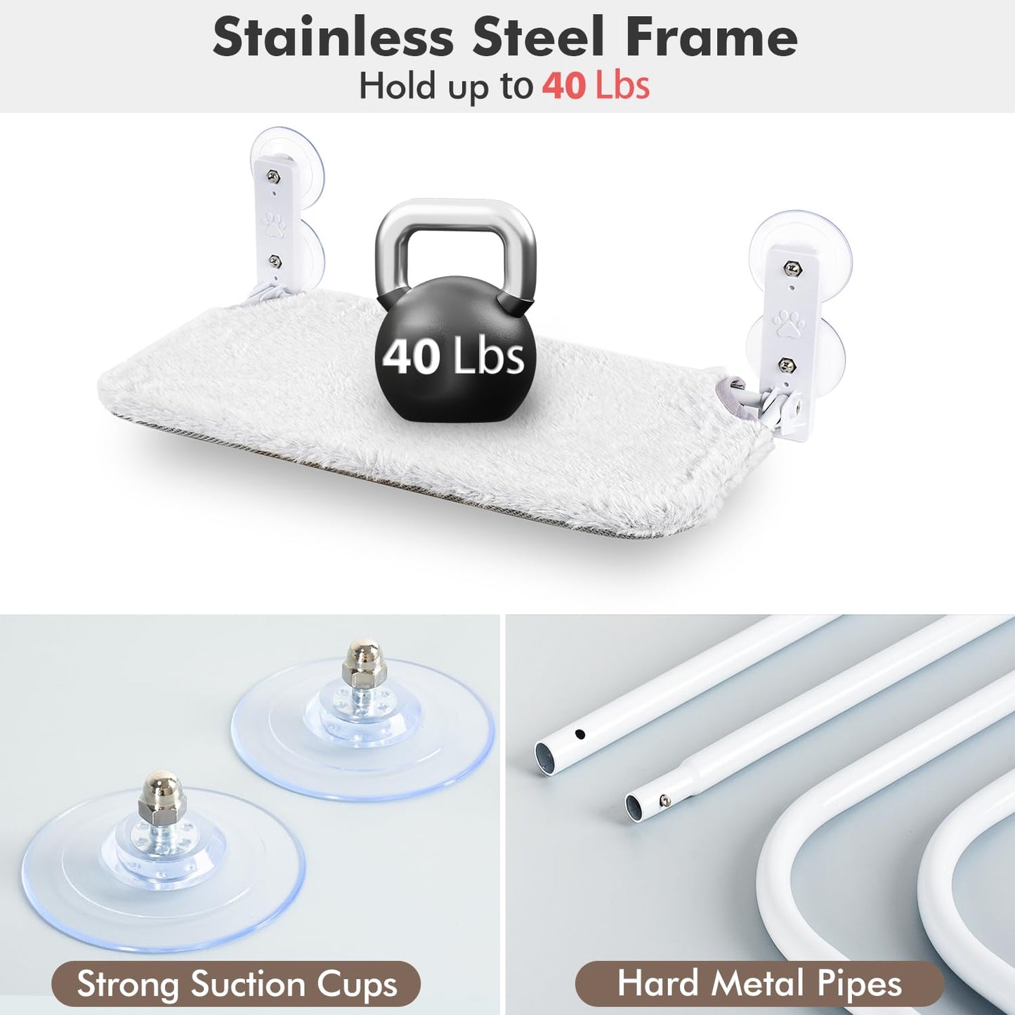 Cordless Cat Window Perch Hammock with Suction Cups & Metal Frame