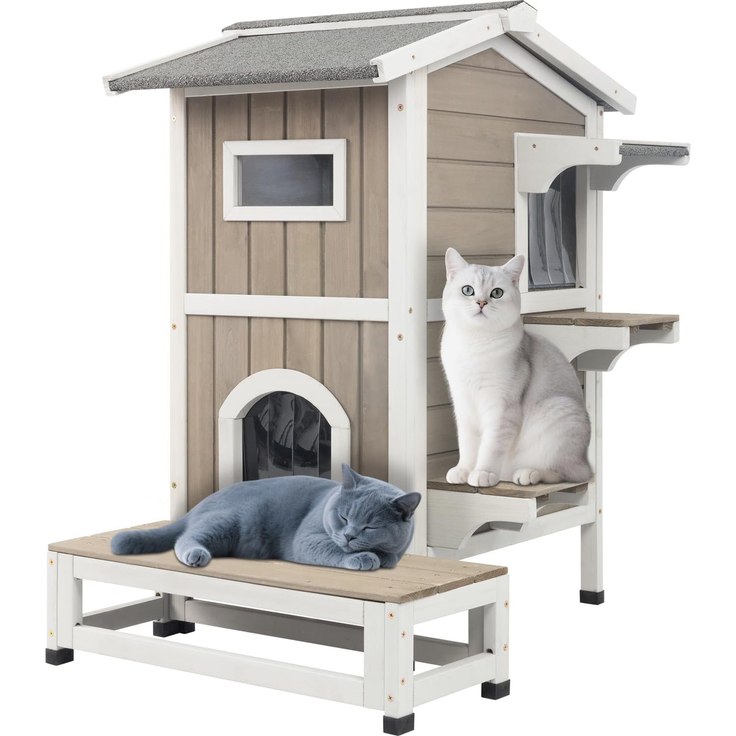 2-Story Outdoor Cat House with Balcony, Platforms & Openable Roof