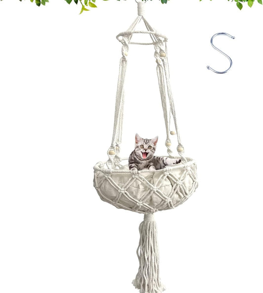 Handwoven Macrame Cat Hammock Bed with Cushion for Indoor Cats