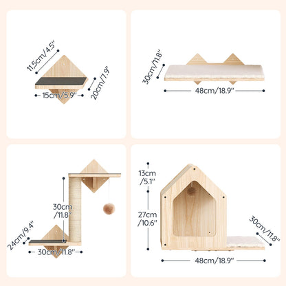 Wood Cat Wall Shelves Set with House, Steps, Perch & Scratching Post