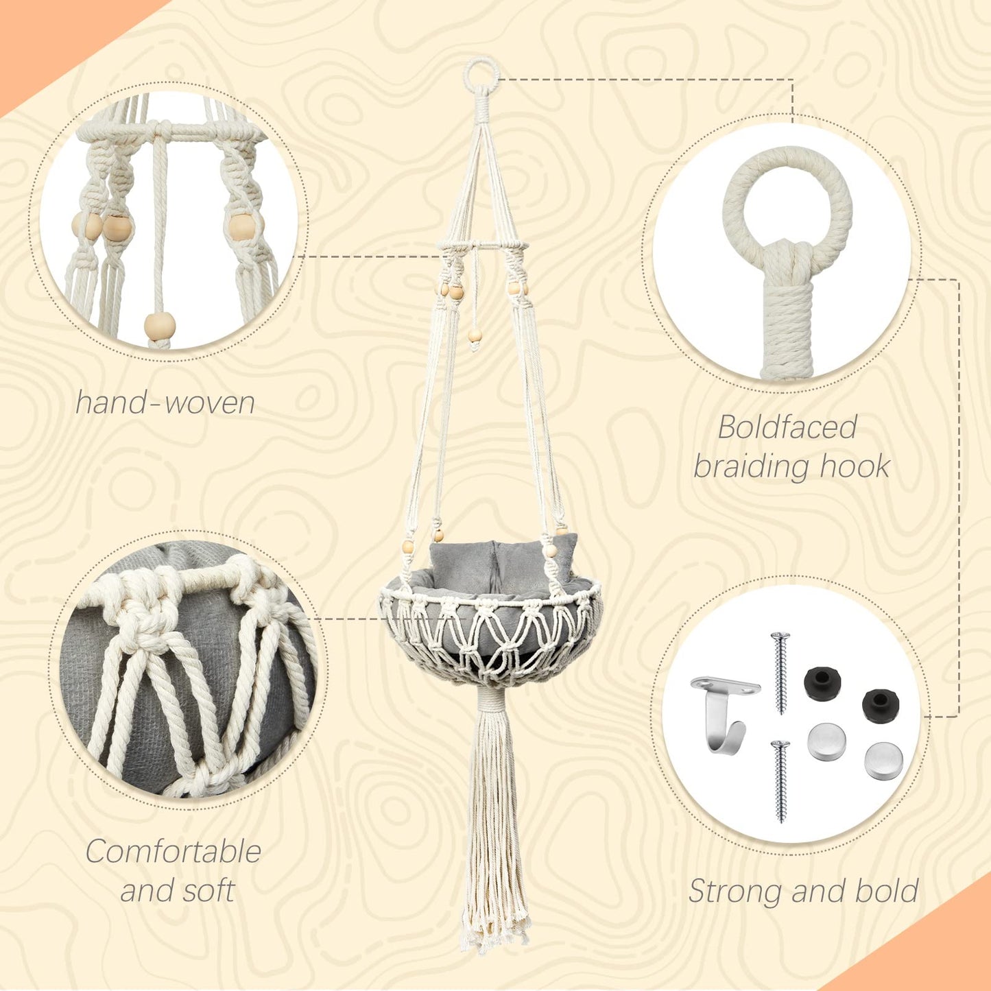 3PCS Macrame Cat Hammock Hanging Bed with Scratch Pad