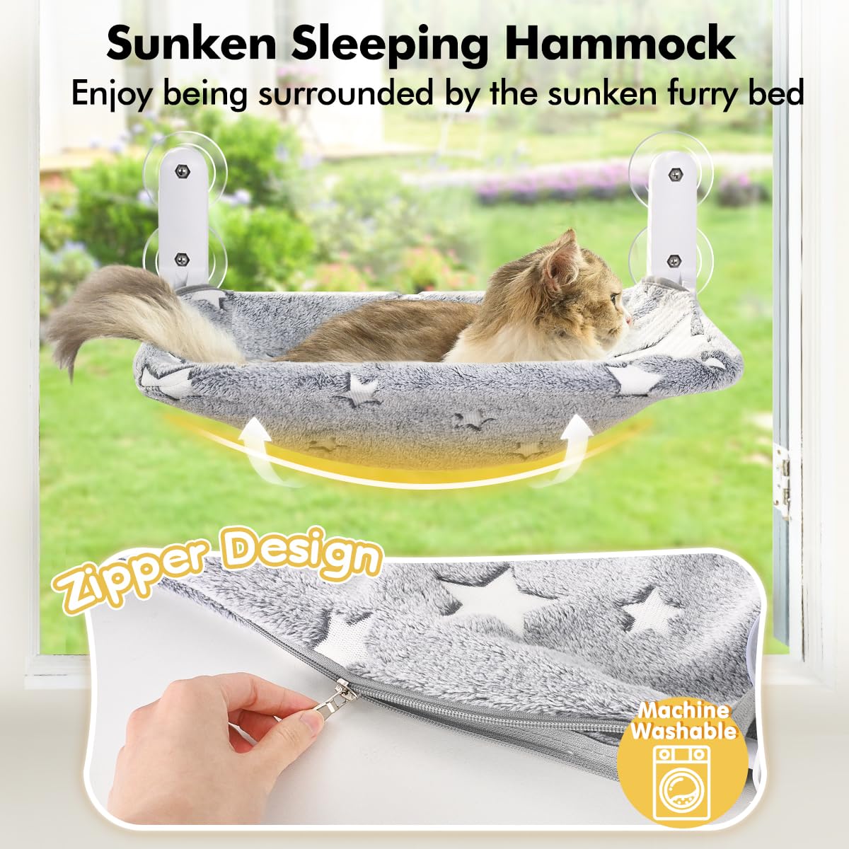 Cordless Cat Window Perch Hammock with Metal Frame & Washable Cover