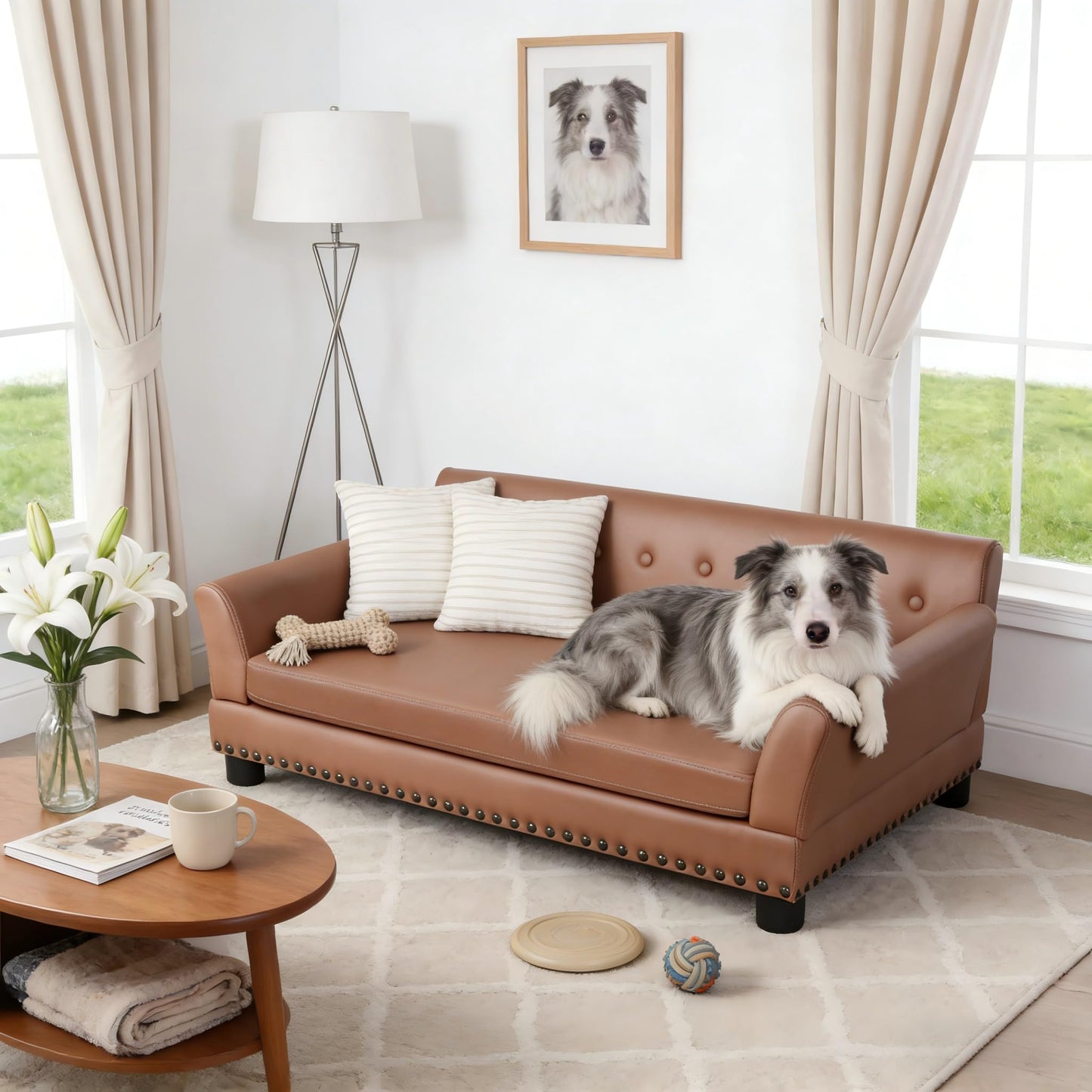 Large Leather Dog Sofa Bed with Thick Foam & Raised Design
