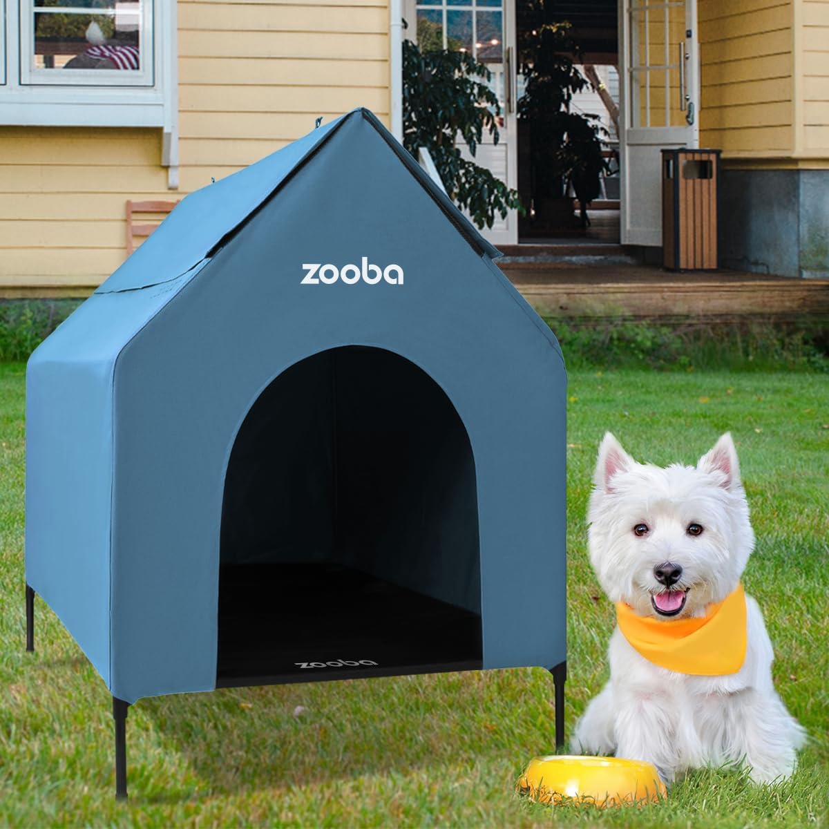 Weatherproof Elevated Dog House with Mesh Panels & Steel Frame