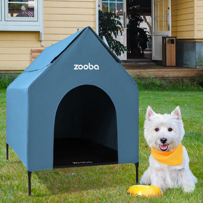 Weatherproof Elevated Dog House with Mesh Panels & Steel Frame