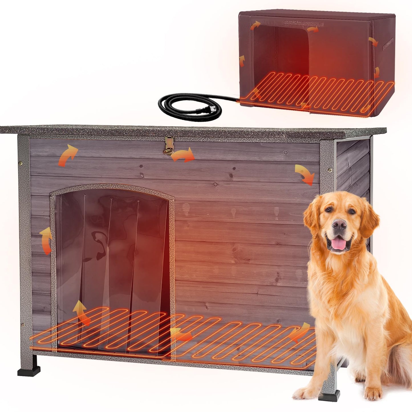 Weatherproof Wooden Dog House with Raised Feet & Iron Frame
