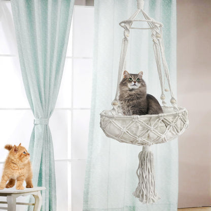 Handwoven Macrame Cat Hammock Bed with Cushion for Indoor Cats
