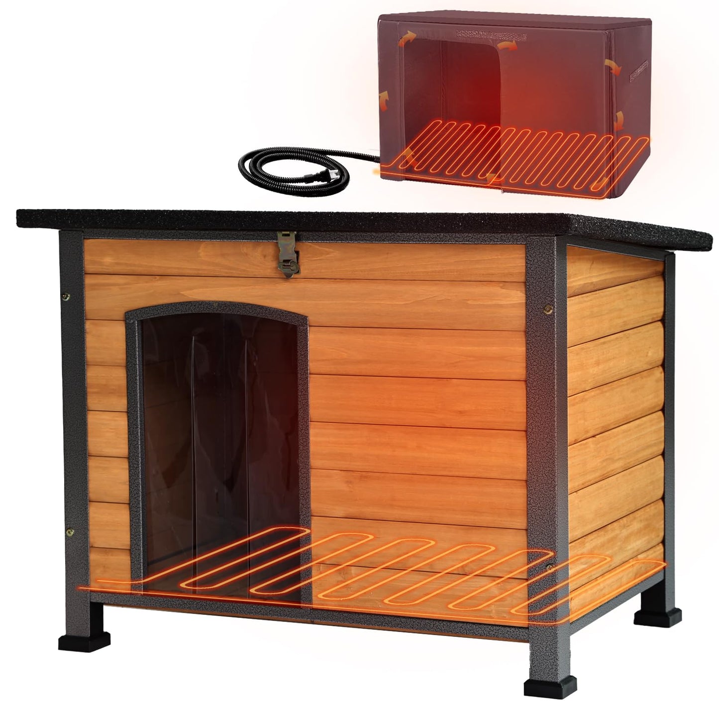 Weatherproof Wooden Dog House with Raised Feet & Iron Frame