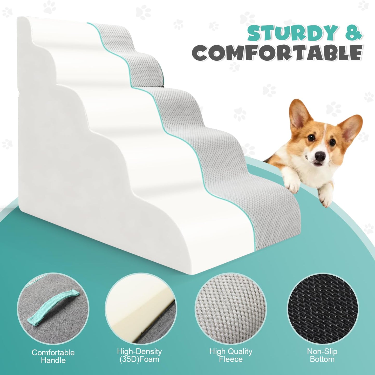 5-Step Foldable Dog Stairs Ramp with Non-Slip Foam Steps