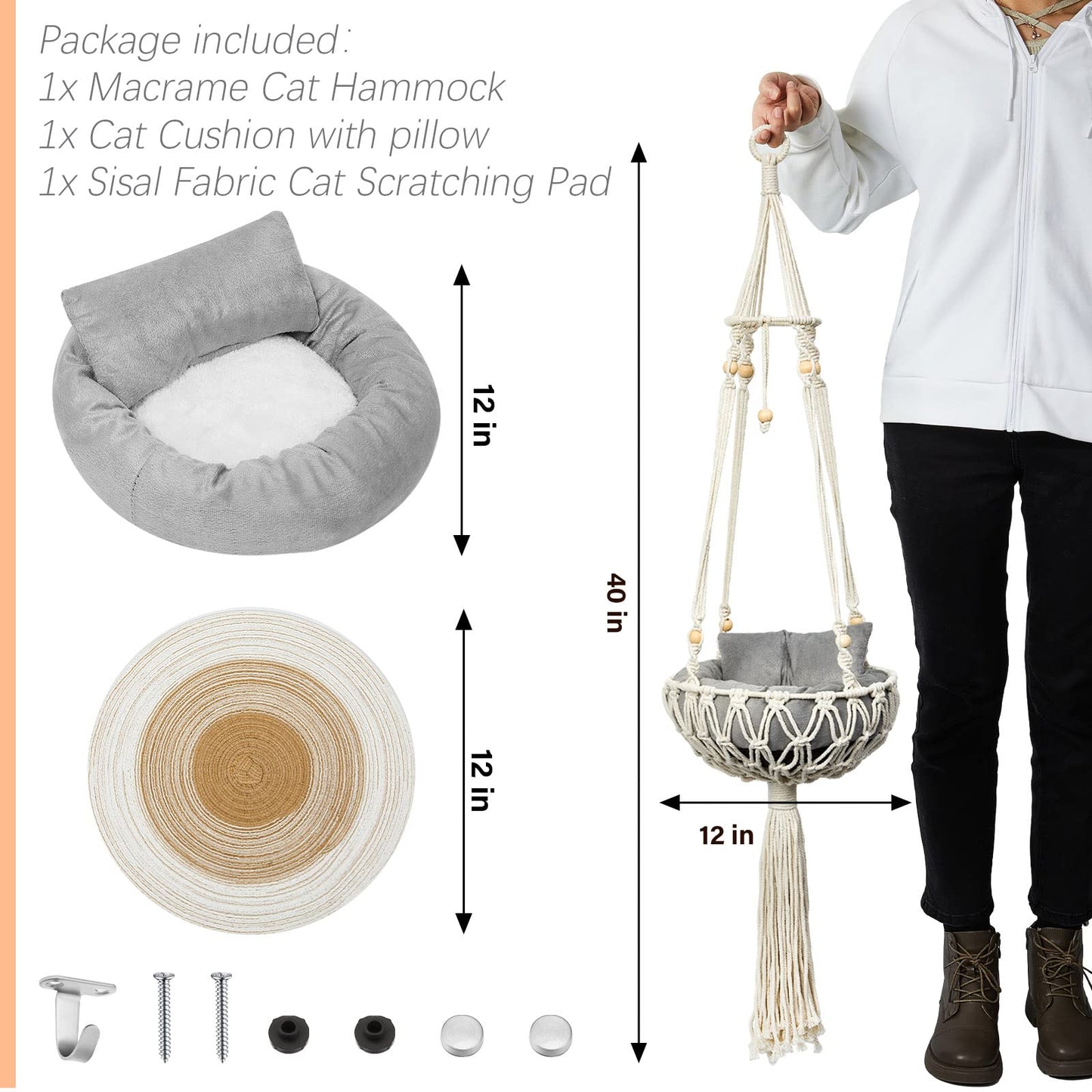 3PCS Macrame Cat Hammock Hanging Bed with Scratch Pad