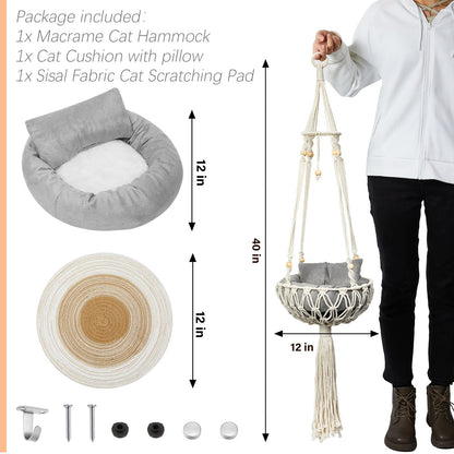 3PCS Macrame Cat Hammock Hanging Bed with Scratch Pad