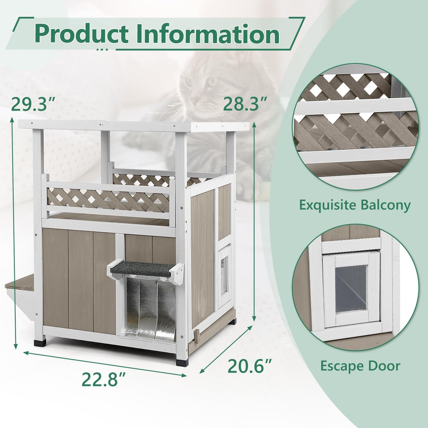 2-Story Outdoor Cat House with Balcony, Platforms & Openable Roof