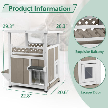2-Story Outdoor Cat House with Balcony, Platforms & Openable Roof