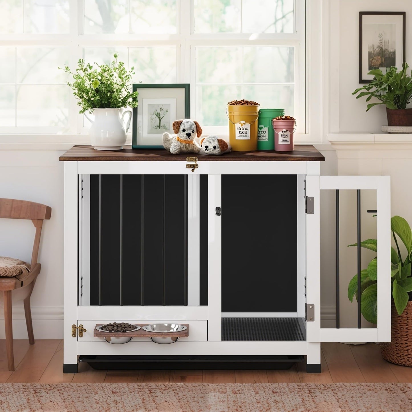 31.5" Wooden Dog Crate Furniture with Rotating Feeder & Tray