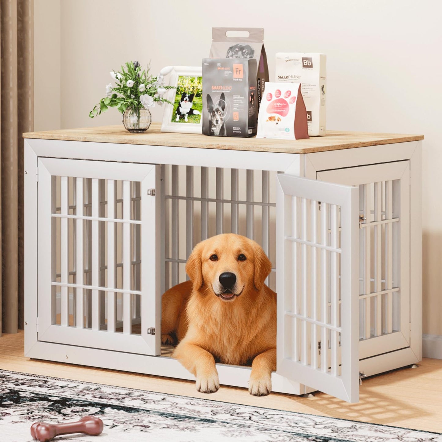 48" Heavy Duty Dog Crate Furniture with Waterproof Top & Wooden Frame