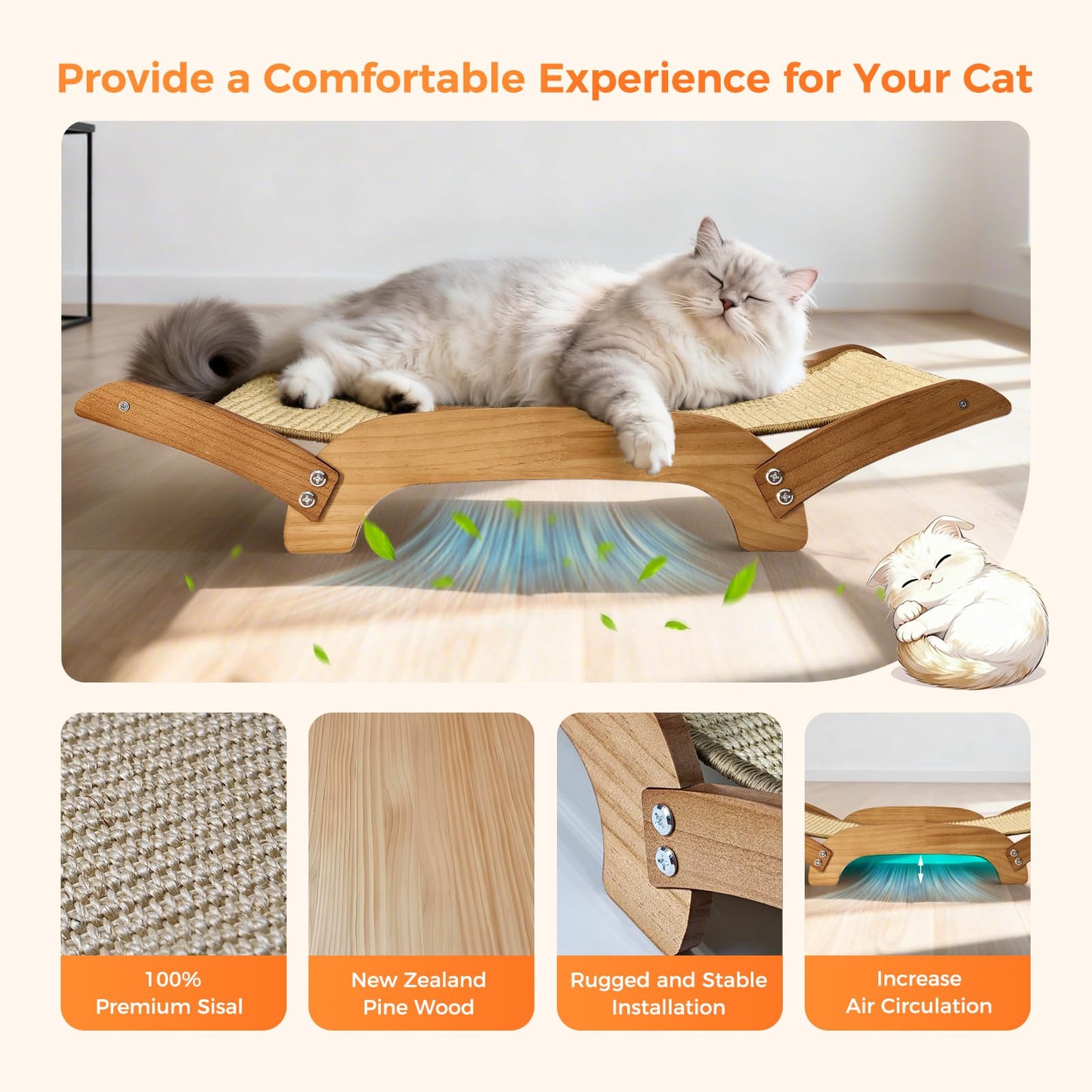 3-in-1 Sisal Cat Scratcher Lounge Bed with Solid Wood Frame