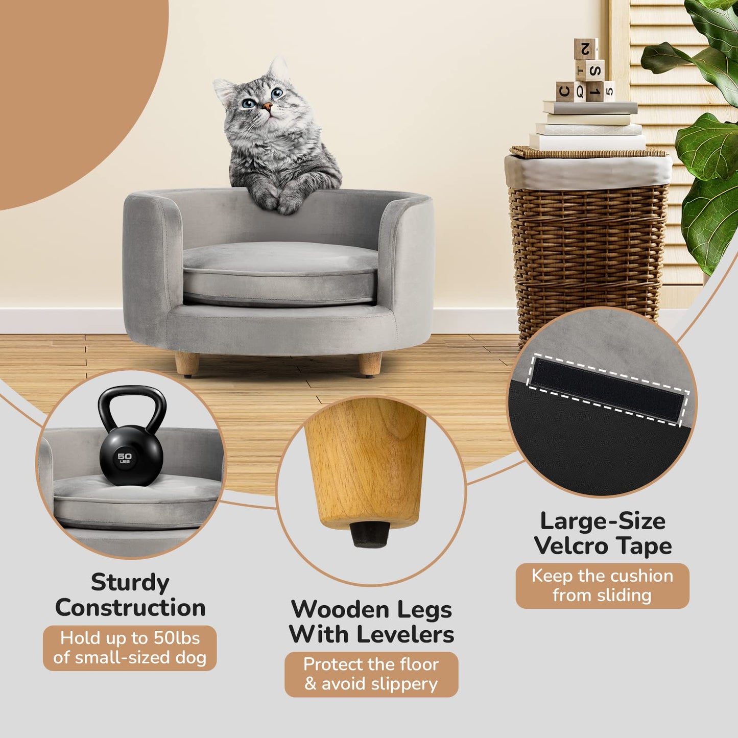 Velvet Pet Sofa Bed with Cushion Support for Dogs & Cats