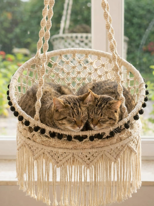 Macrame Hanging Cat Hammock Bed with Mat & Catnip Toys