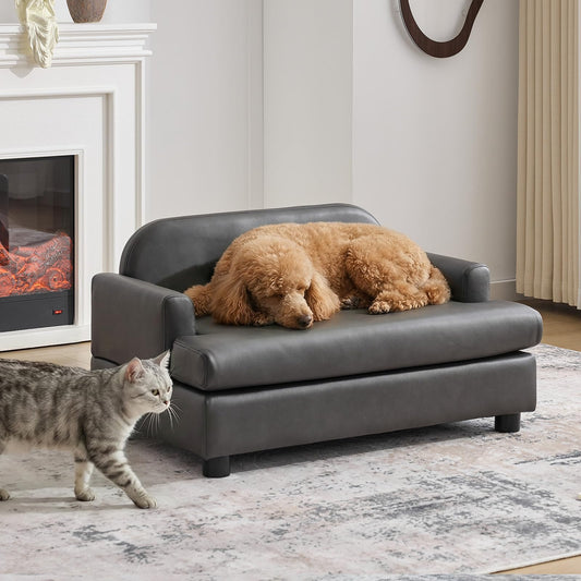 Luxury Elevated Dog Sofa Bed with Waterproof Leather & Foam Cushion